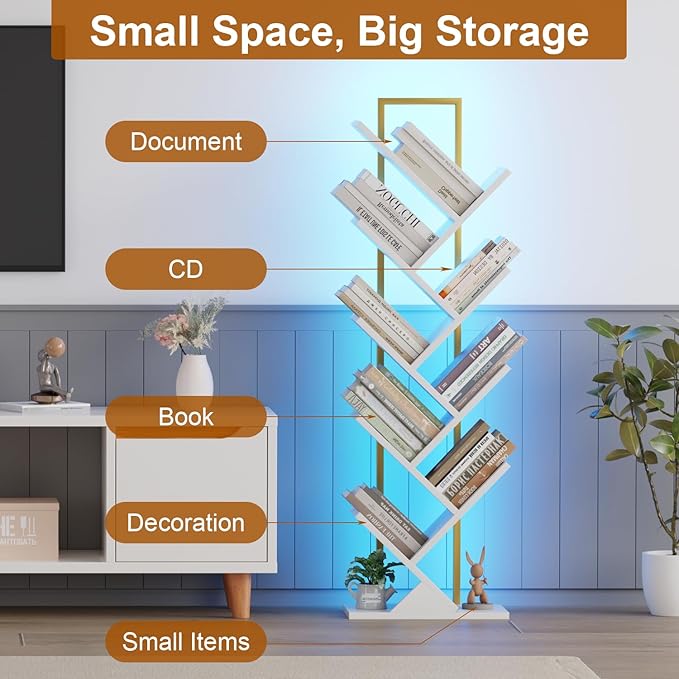 Tree Book Shelf with LED Lights, 9 Tier Floor Standing Bookcase, Classical - Image 6