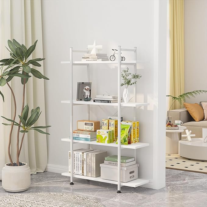Bookshelf 4 Tiers White Wooden Storage Shelf, Modern Open Display Storage - Image 6