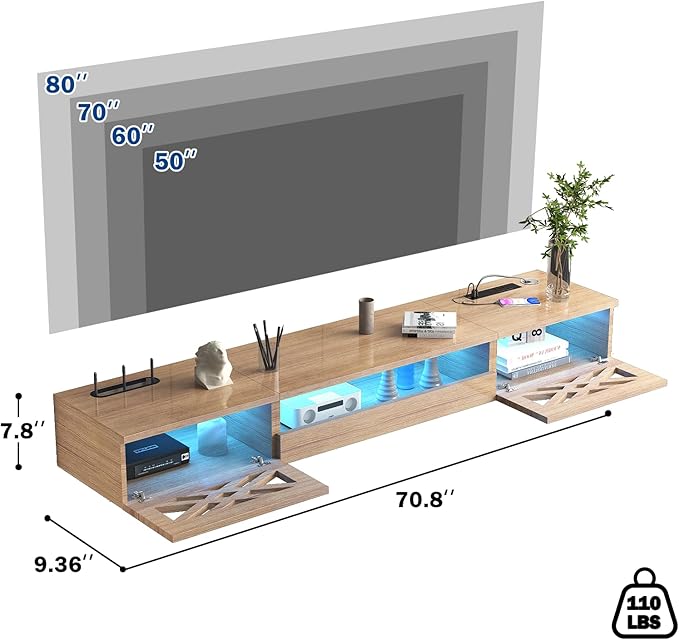 Floating TV Stand, Floating Wall Mounted TV Shelf Modern High Gloss tv Cabinet - Image 6