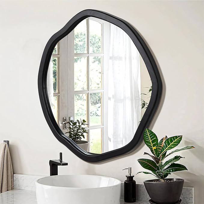 ULIKE Round Wood Mirror, 30 Inch Black Asymmetrical Circle Vanity Mirror - Image 5