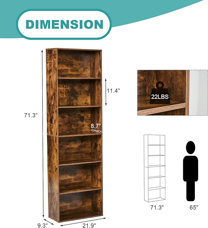 6-Tier Book Shelf, Floor Standing Open Bookcase, Wooden Display Storage Shelves - Image 2