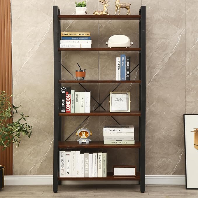 WH-AOERPYMY Natural Real Wood Bookcase, Industrial Bookshelf, 6 Tier Solid Wood - Image 3