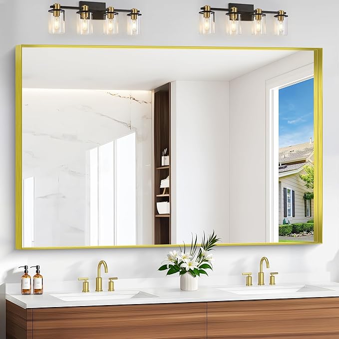 Gold Bathroom Mirror, 60x40 Inch Rectangular Framed Mirror, Large Wall Mounted by Unknown