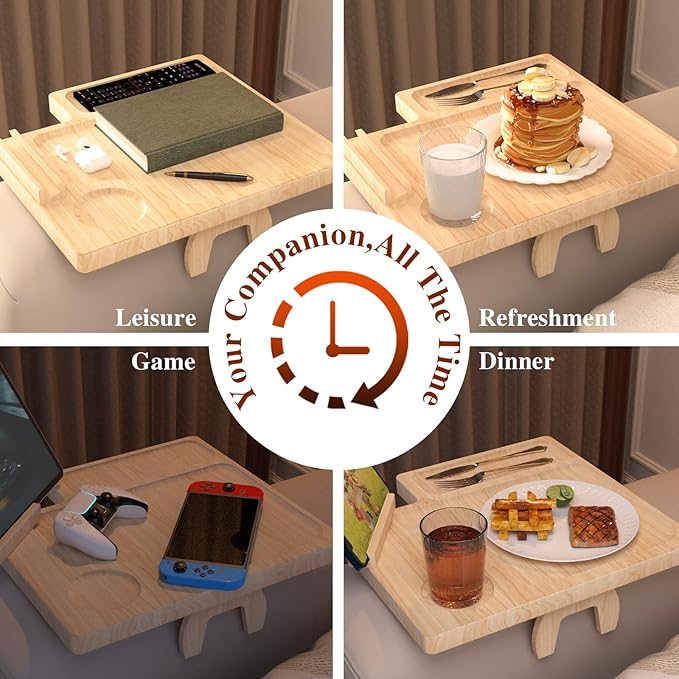 Bamboo Couch Arm Table with Remote Control Tray & Rotating Phone Holder - Image 4