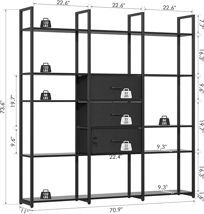 73.6" Tall Bookshelf with 3 Drawers and 16 Storage Shelves, Industrial Bookcase - Image 2