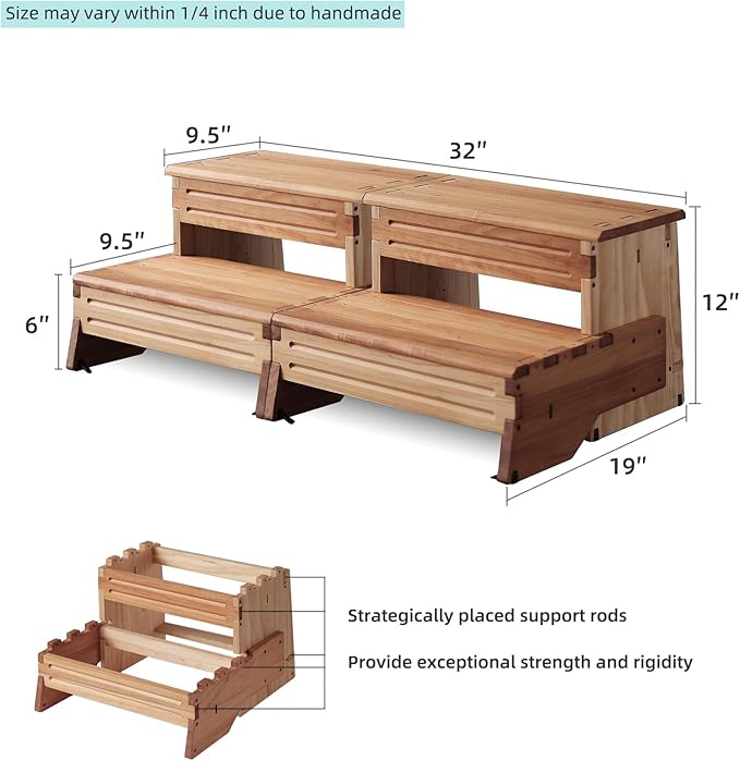 32" Wooden Two Step Stool for Adult & Kid, Deeper & Safer Bedside Steps - Image 2