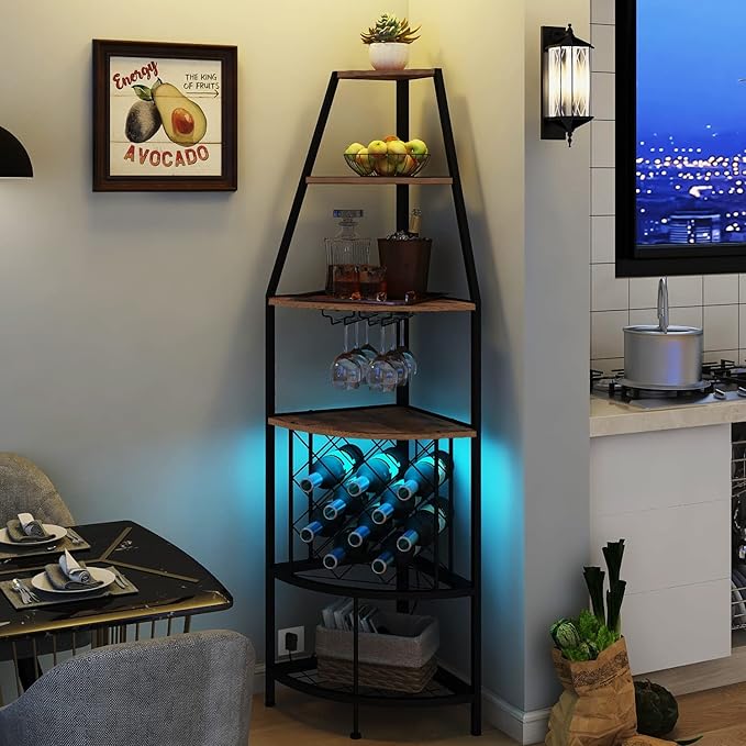 5-Tier Corner Wine Rack with LED Light Floor Standing Wine Rack with Glass - Image 9