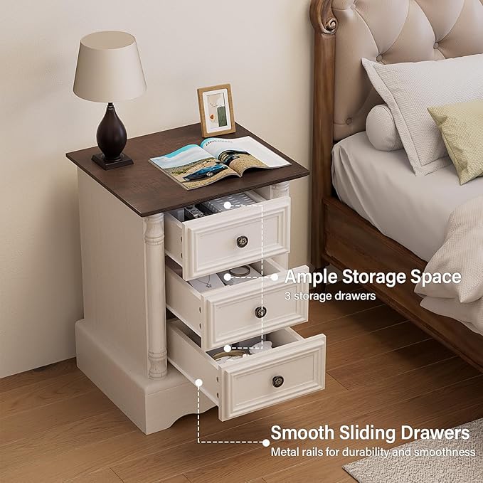 Nightstand with 3 Drawers, Rustic Night Stand 18' Wide Side Table with Storage - Image 6