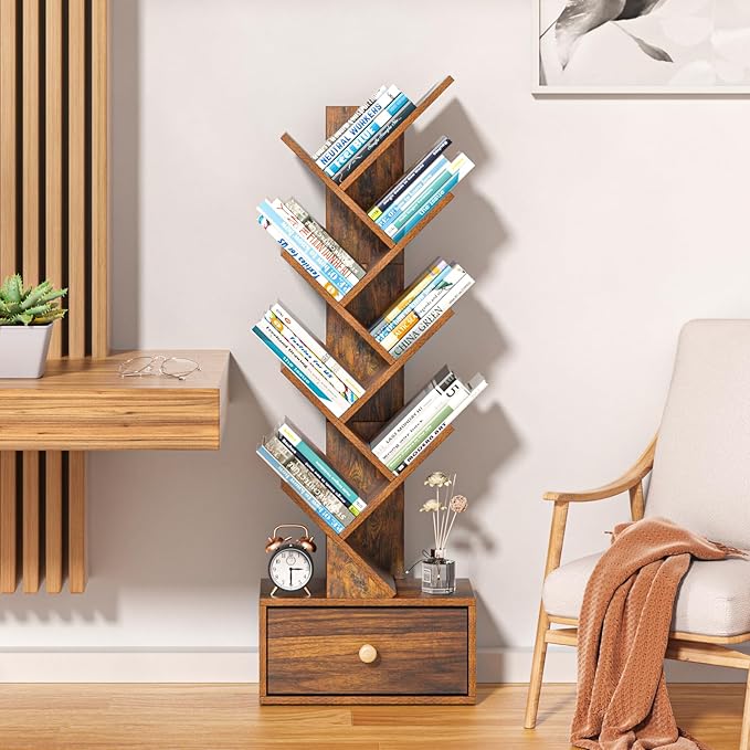 8 Tier Tree Bookshelf with Drawer, Free Standing Wood Bookcase - Image 6