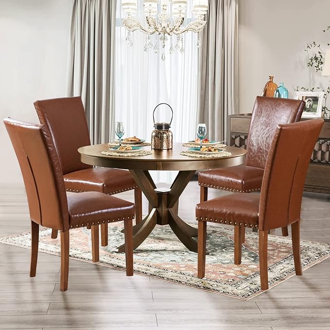 Parsons Dining Chairs Set of 4, Upholstered Nailhead PU Leather Dining Room - Image 4