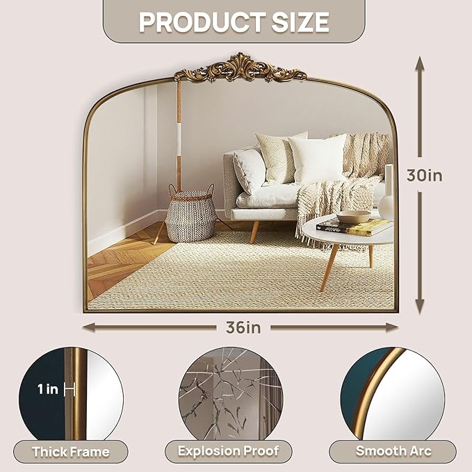 Vintage Gold Arched Wall Mirror 36"x30" – Ornate Baroque Style Antique Brass - Image 2