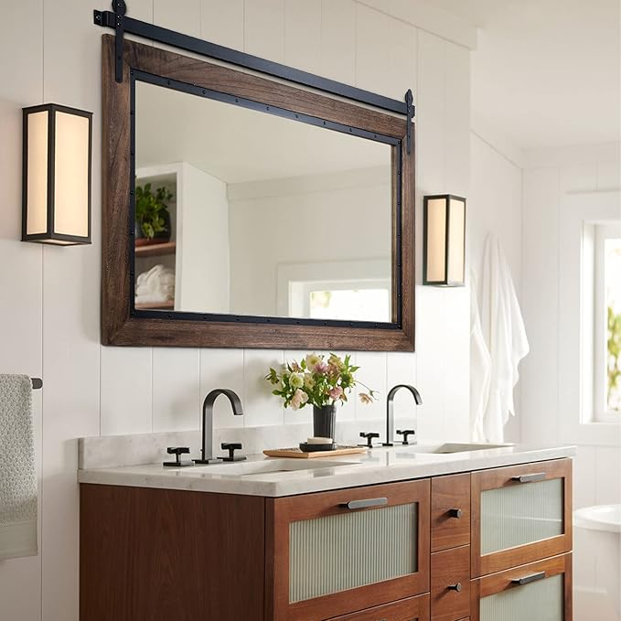 YOSHOOT Farmhouse Barn Door Mirror, Wood Frame Wall Mirror, Wooden Mirror - Image 6