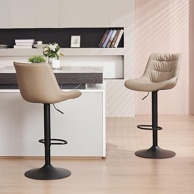 Kidol & Shellder Bar Stools Set of 2 Adjustable Swivel Khaki, PU Leather - Image 8