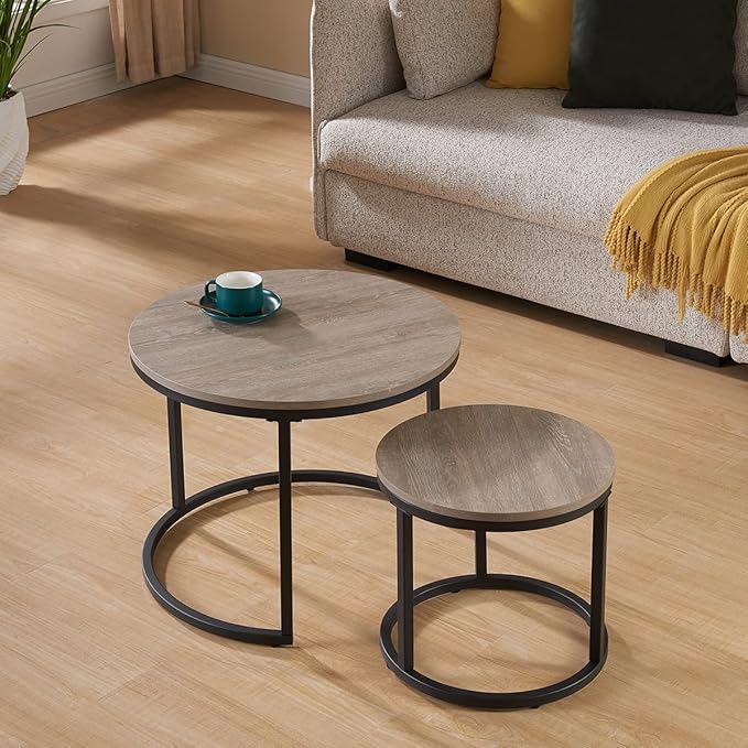 CENSI 24" Round Nesting Table, Accent Coffee Table, French Oak Grey Wood Finish - Image 3