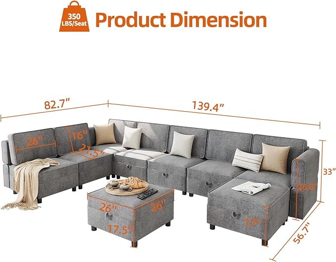GAOMON 139.4" Chenille Reversible Sectional Sofa, 9-Seater Modular Sectional - Image 2