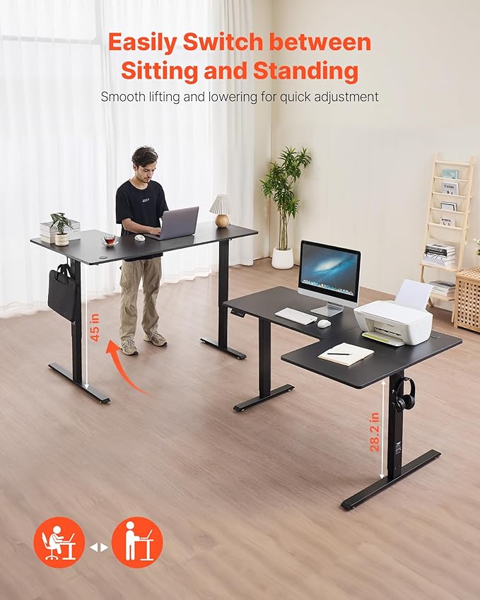 VEVOR Electric L Shaped Standing Desk 63"x39", 3 Memory Height Adjustable - Image 4