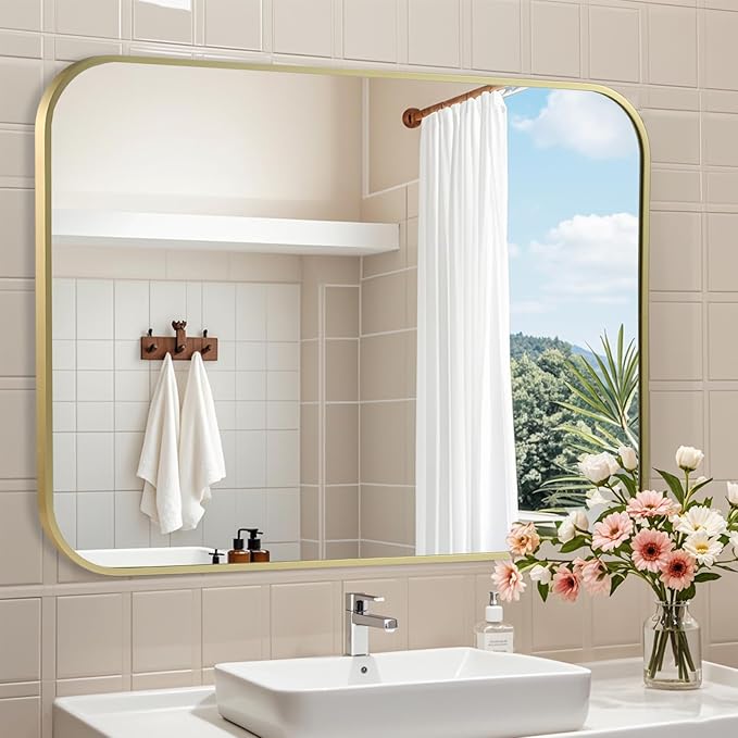 Brushed Gold Mirror, Metal Frame Rectangle Corner Vanity Mirror, Wall Mounted by JENBELY