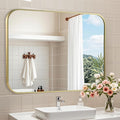 Brushed Gold Mirror, Metal Frame Rectangle Corner Vanity Mirror, Wall Mounted by JENBELY