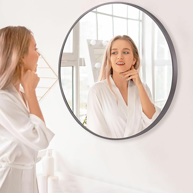 24 inch Round Titanium Mirror Wall Decor, Brushed Dark Grey Metal Framed Circle - Image 7