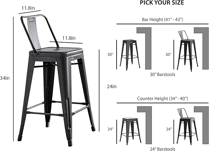 AC Pacific 24” Metal Barstool Set of 4 – Country Rustic Style - Image 3