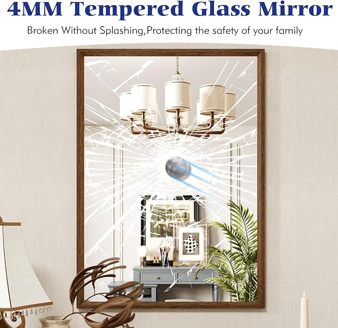 Rectangle Walnut Bathroom Mirror 60x36 Inch, Anti-Rust 4MM Tempered Glass - Image 5