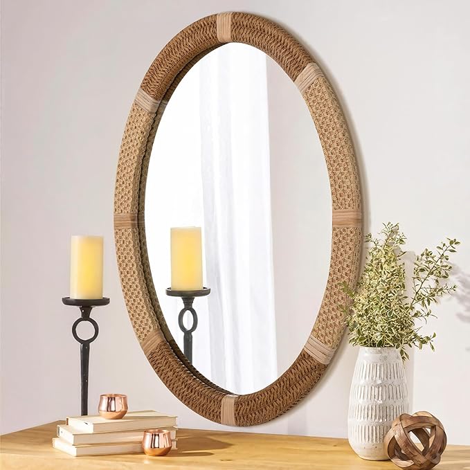 ULIKE Oval Rattan Wall Mirror, 22x30 Inch Rustic Farmhouse Wall Decor - Image 3
