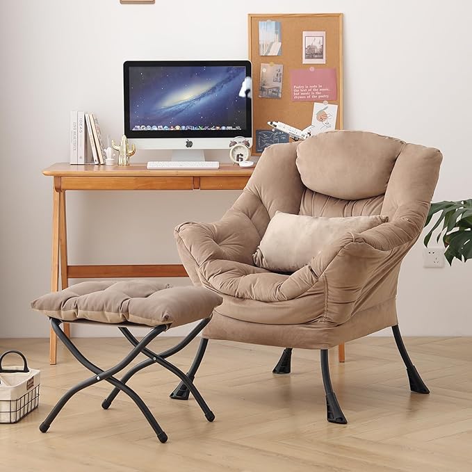 Lazy Chair with Ottoman, Modern Accent Chair with Lumbar Pillow, Comfy Chairs - Image 4