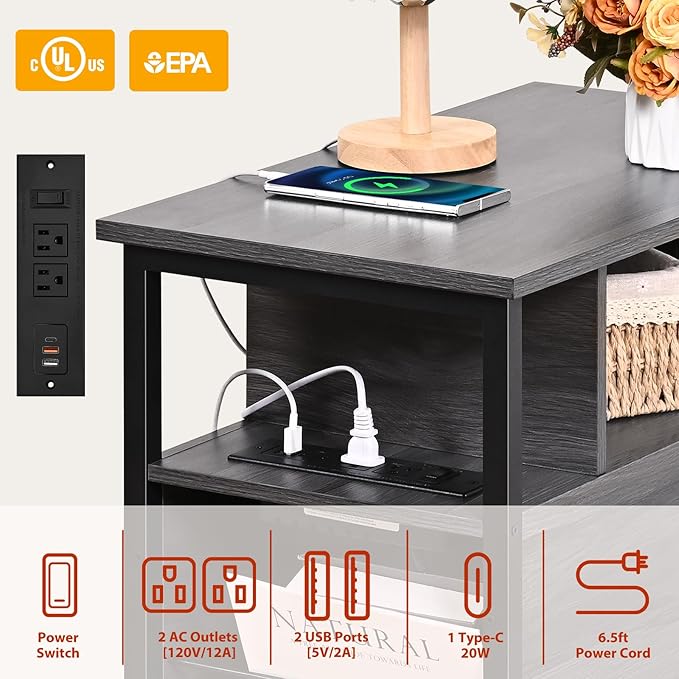 Side Table, End Tables with Charging Station, Narrow End Table with Wooden - Image 4