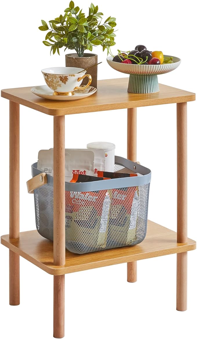 IBUYKE 2-Tier Side Table, Solid Wood Tall End Table by IBUYKE