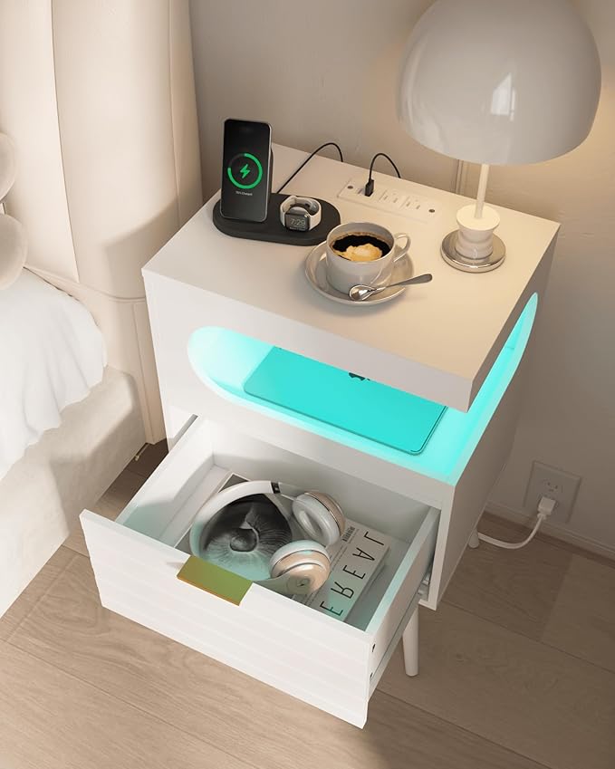 White Nightstand with Charging Station and LED Lights, Modern Bedside Table - Image 6