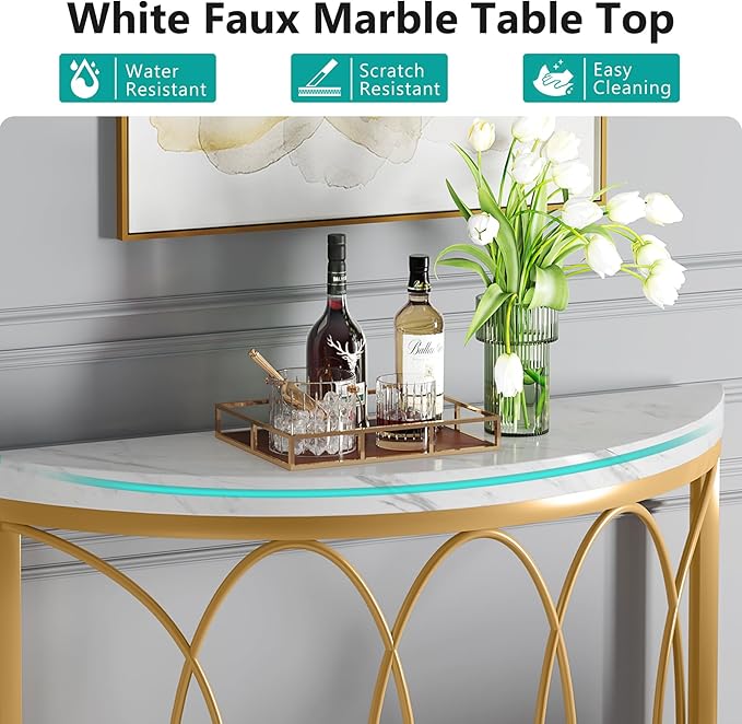 LITTLE TREE Half Moon Gold Console Table, 43 Inch Modern Faux Marble Entryway - Image 6