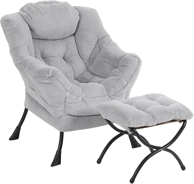 Lazy Chair with Ottoman, Modern Reading Chair with Folding Footrest, - Image 7