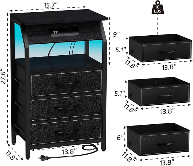 End Table with 3 Drawers, Nightstand with Charging Station and LED Lights - Image 3