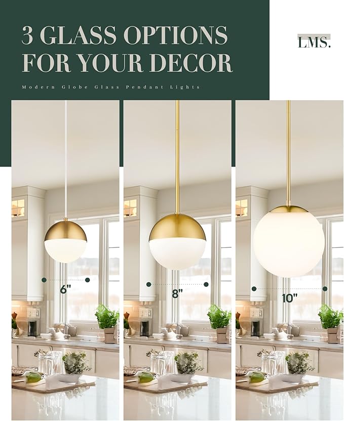 LMS 10 Inch Globe Pendant Lights, Brushed Gold Mid Century Kitchen Island Light - Image 5