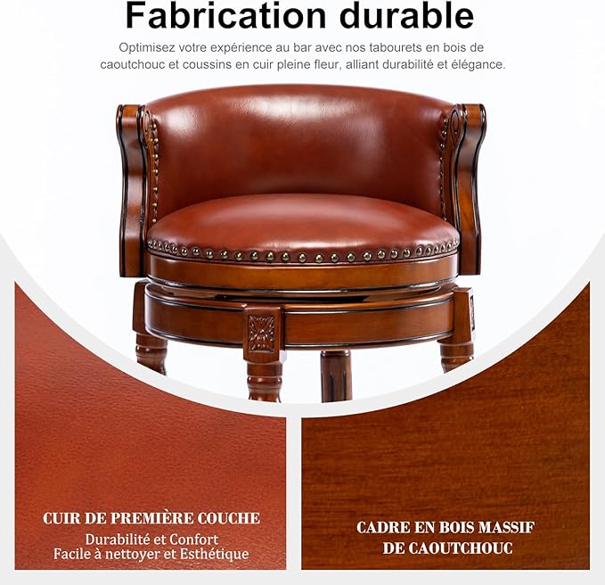 Cow top Leather Wooden Bar Stools, 180 Degrees Swivel Barstools Chair - Image 4