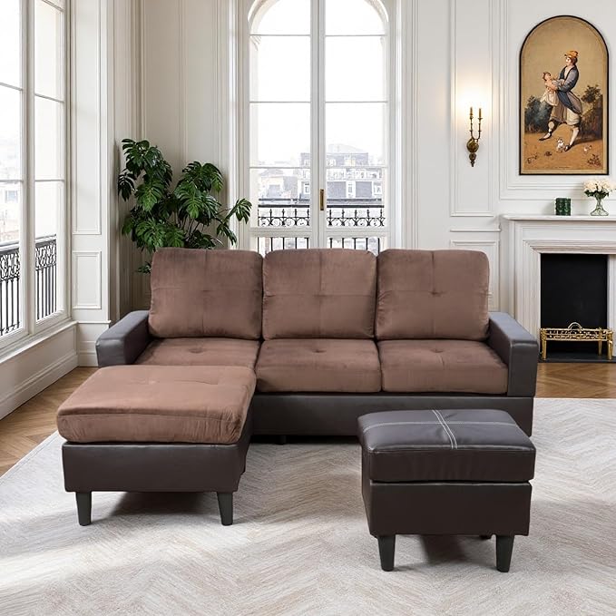 L Shaped Sofa with Ottoman, Modern Faux Leather Couch with Chaise, 3 Seat by FONTOI