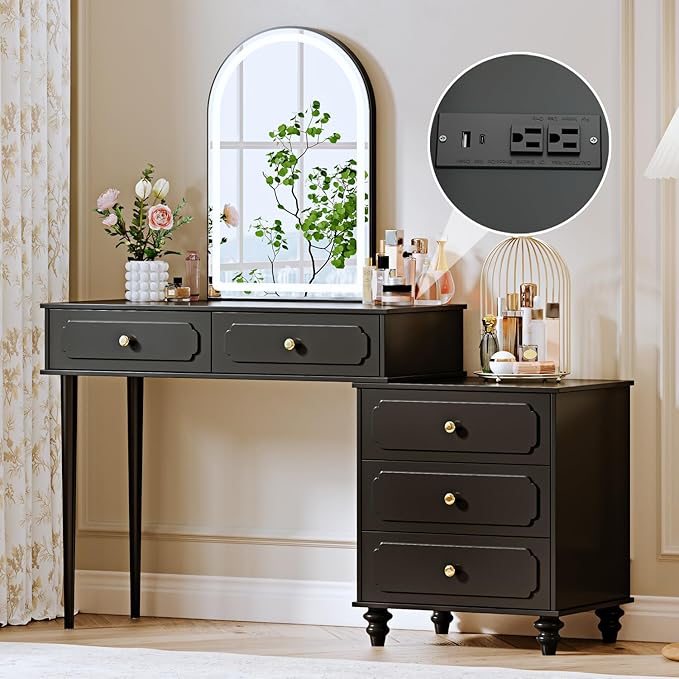 Black, Vanity Desk with Mirror and Lights, Makeup Vanity with Power Outlet and by Ieejdn