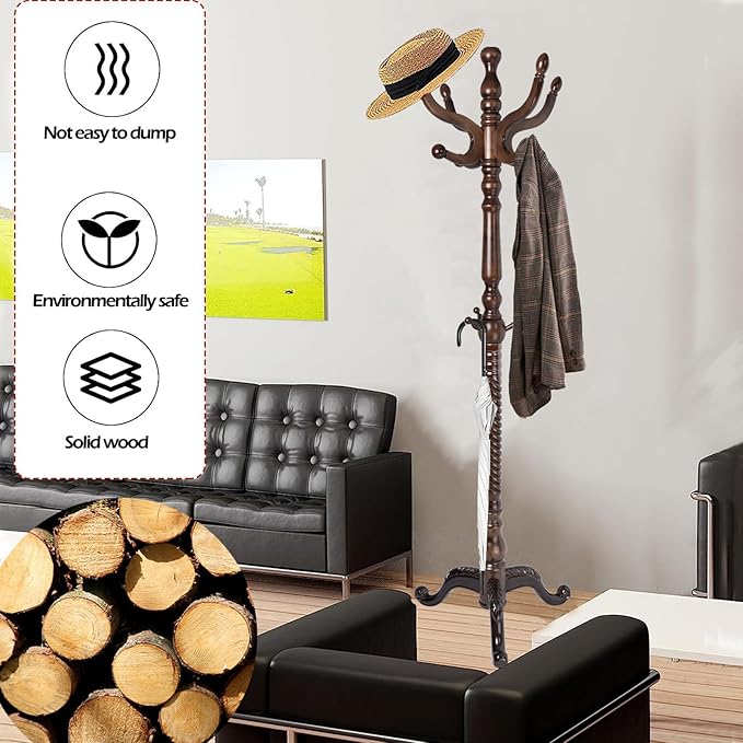 Coat Racks Free Standing with 14 Hooks, Natural Wood Coat Stands - Image 2