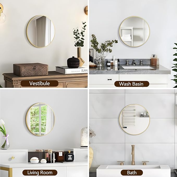 12 Inch Gold Round Bathroom Mirror Circle Wall Mirrors Brushed Metal Frame - Image 7
