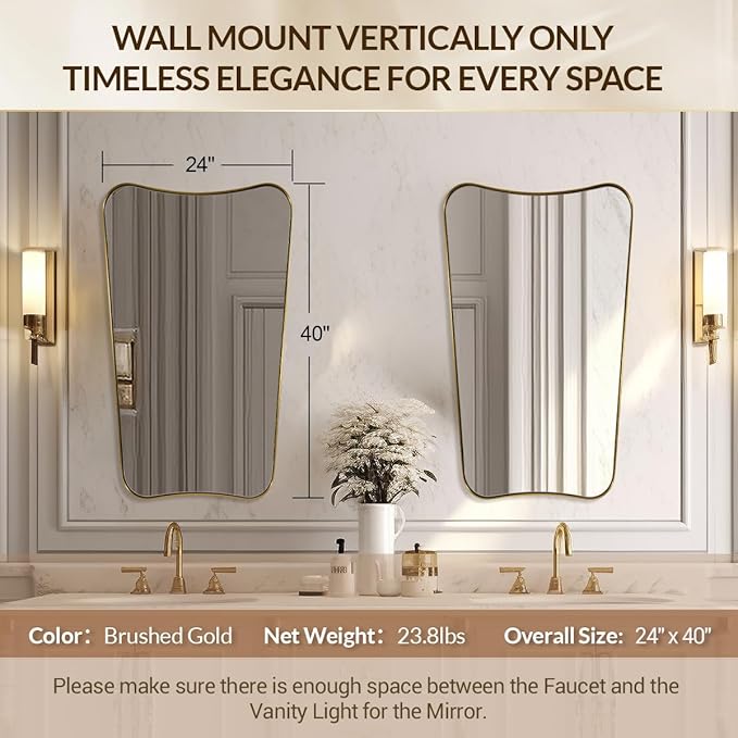 Brushed Gold Bathroom Mirror, 24x40 Inch Gold Irregular Bathroom Vanity Mirror - Image 4