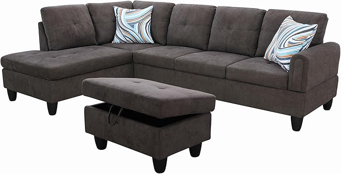 L Shaped Couch Modern Sectional Couch Upholstered Fluffy Fabric 3 Pieces Sofas - Image 3