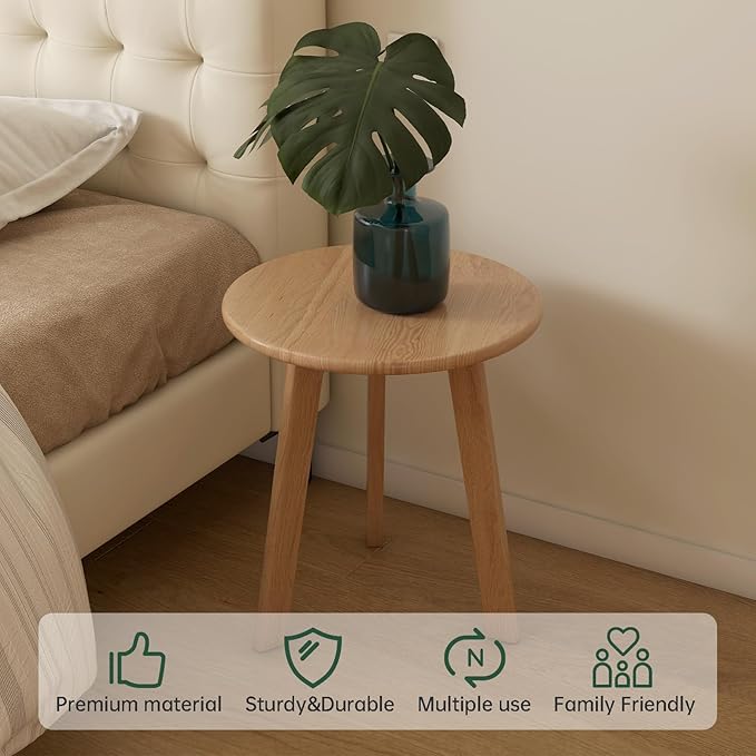 100% Solid Oak Round Side Table Set of 2, Small Bedside Table - Image 6