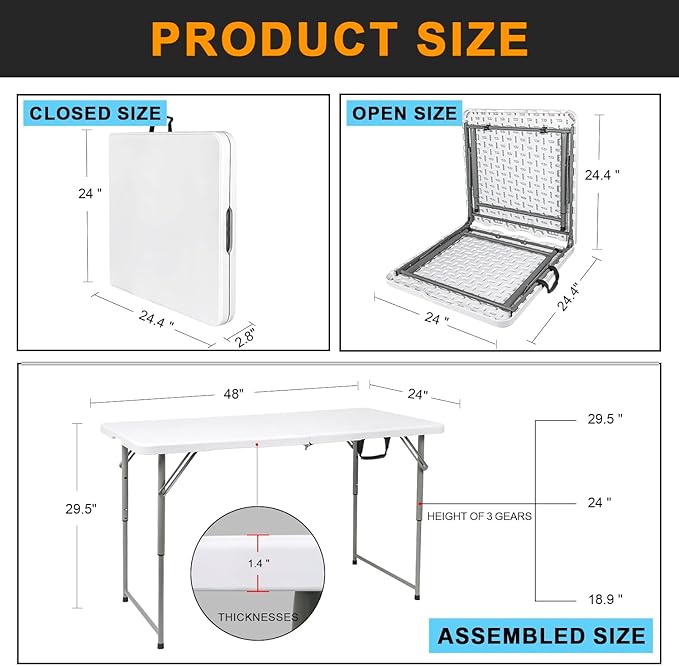 2-PCS 48" W x 24" D x 29.5" H - 4FT White Folding Table Heavy Duty Portable - Image 7