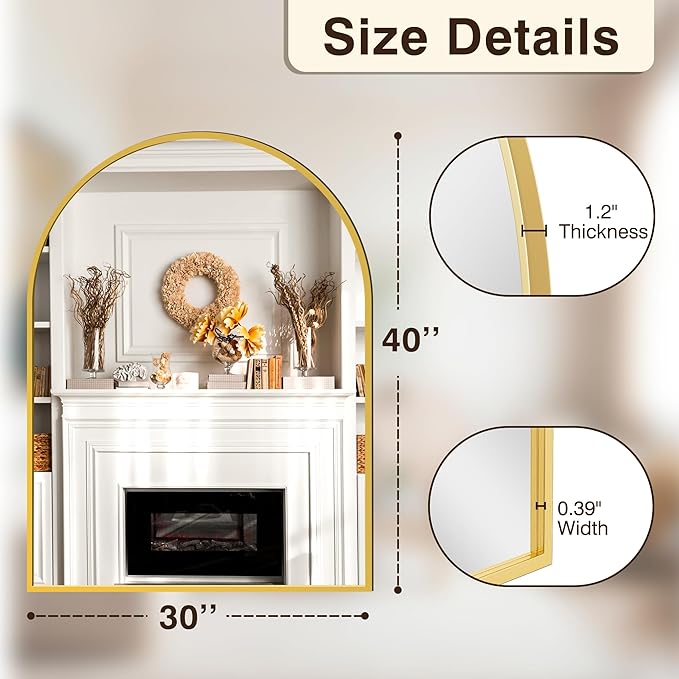 FICTOR Bathroom Vanity Mirror for Wall, 40”x30” Large Arched Metal Framed - Image 2