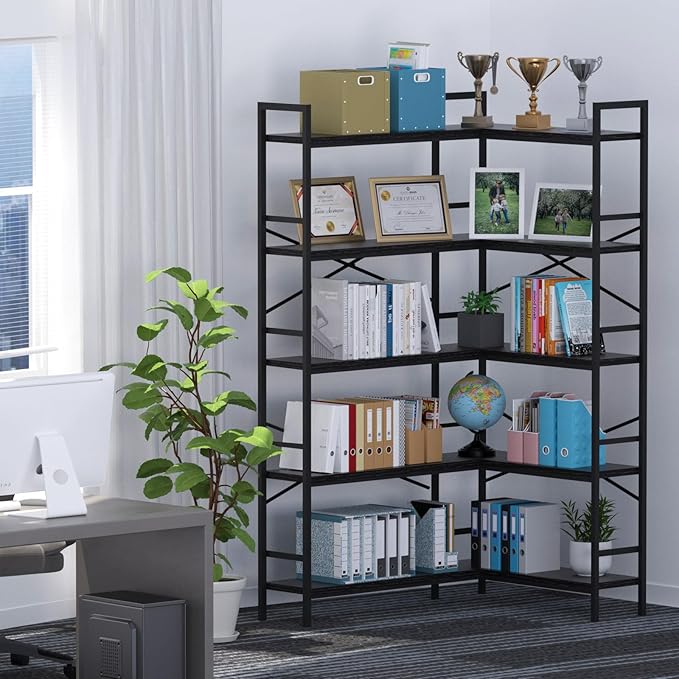 Black Corner Bookshelf, 5 Tiers Corner Bookcase - Image 6