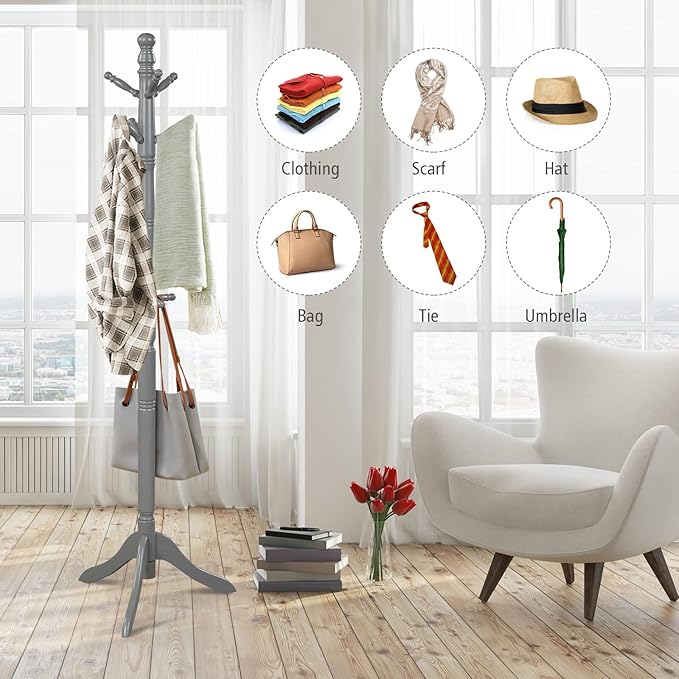 Tangkula Wood Coat Rack Freestanding, Entryway Height Adjustable Coat Stand - Image 7