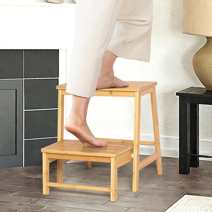 Bamboo Folding Climbing Step Stool, 2 Step Ladder Multi-Functional Stair Chair - Image 8