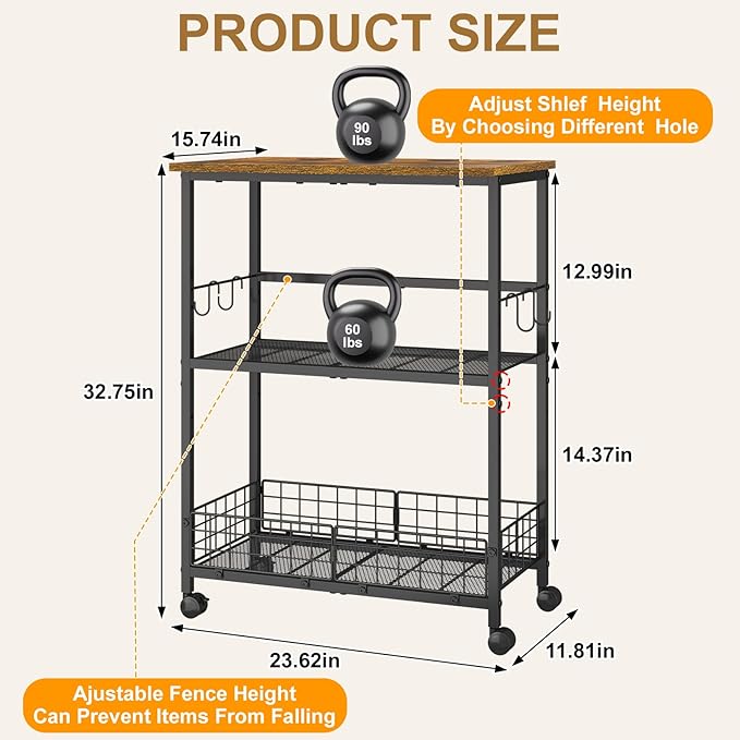 Rolling Kitchen Microwave Stand, 3-Tier Microwave Cart Table - Image 5