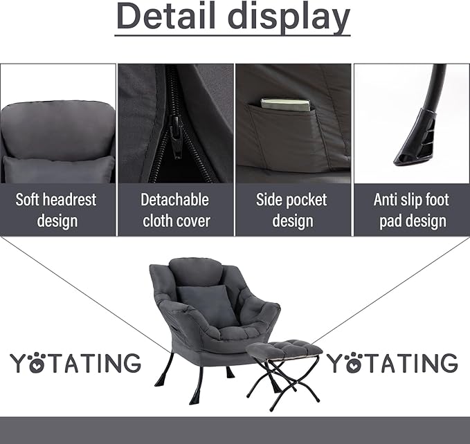 Lazy Chair with Ottoman, Comfy Reading Lounge Chair with Footstool & Throw - Image 4