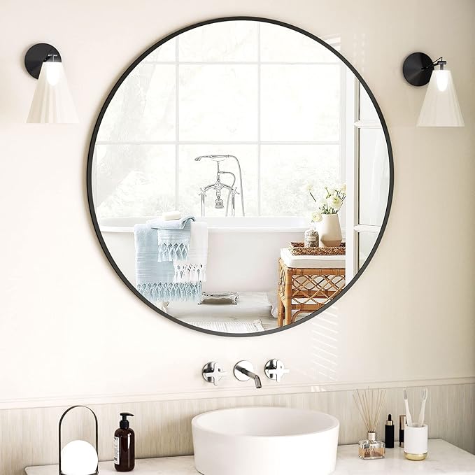 Round Mirror 23.6" Black Wall Mounted Circle Mirrors Vanity Mirror by VooBang